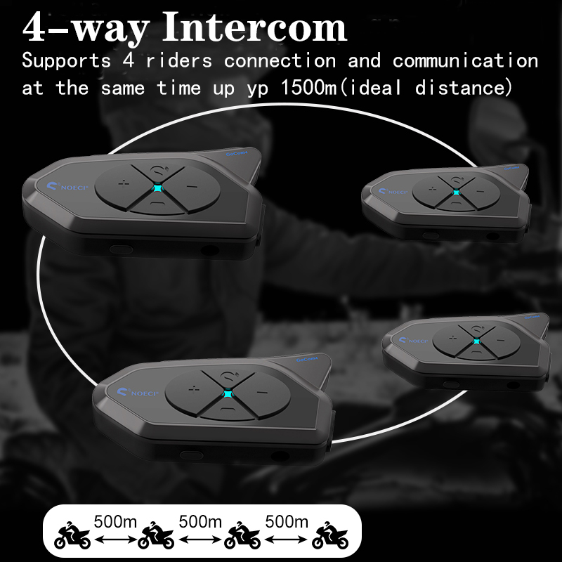 NOECI GoCom4 Motorcycle Bluetooth Intercom 1500M 4 Riders Group Comunicador Full-duplex BT5.1 Interphone IP65 Music Sharing+ FM