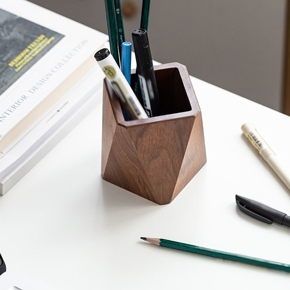 ผู้ถือปากกาโต๊ะคอนเทนเนอร์ไม้ Solid Tabletop เครื่องเขียน Finishing Storage Office