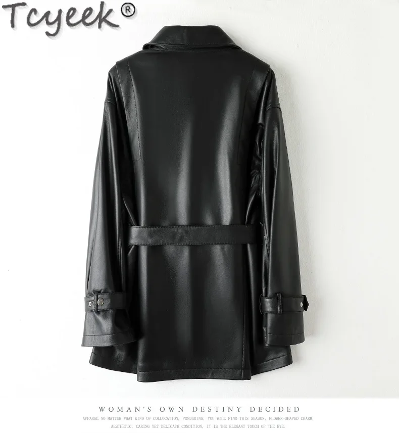 Tcyeek-シープスキンのミドル丈トレンチコート,女性用,本革ジャケット,コート,アウターウェア,新作,秋,2023