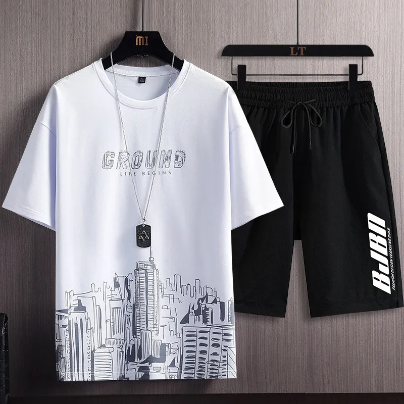 Conjuntos masculinos de secagem rápida verão moda agasalho masculino manga curta tshirts esporte curto terno de duas peças masculino casual corredores moletom