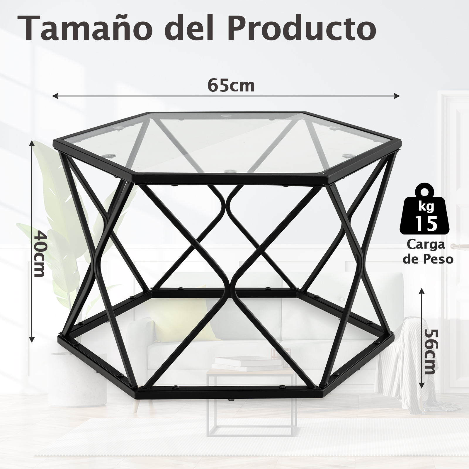 Mesa Auxiliar de Cristal, Mesa de Centro Geométrica Industrial, Mesa Redonda con Patas de Metal, Mesita de Sofá Moderna para Salón, Terraza y Dormitorio, Capacidad hasta 15 kg, 65 x 40 x 56 cm