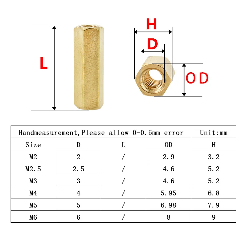 Separadores de placa base de latón, estante de placa hexagonal, tornillo espaciado, perno hexagonal de cobre hembra, perno de pilares PCB M2 M2.5 M3 M4 M5 M6 espaciador