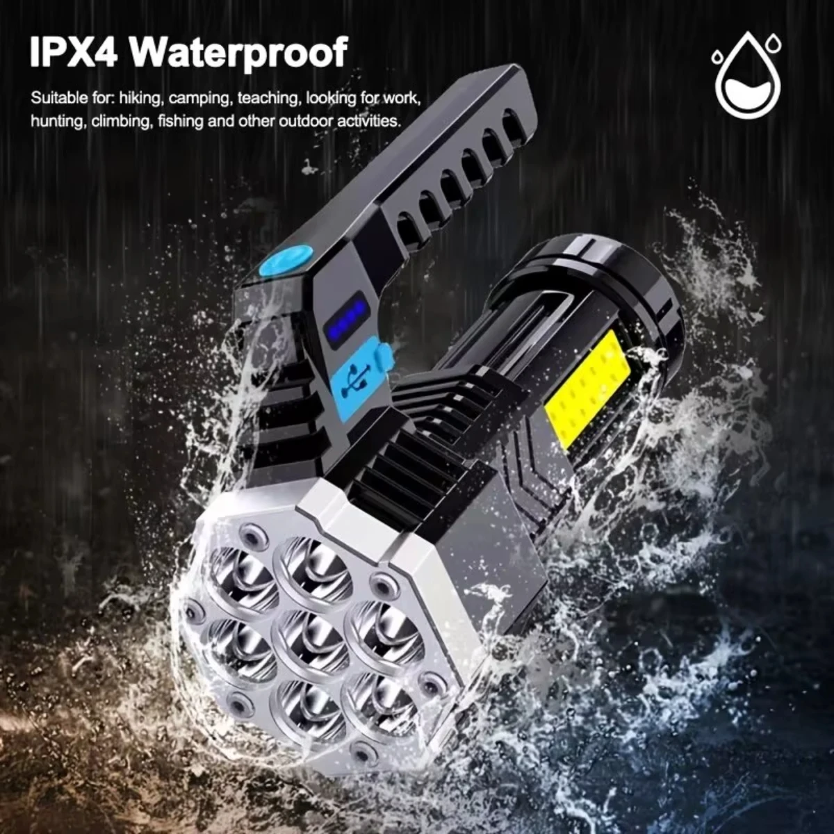7LED High-Power Flashlight With USB Charging COB Side Light - Suitable For Portable Flashlights Such As Fishing, Camping, Hiking