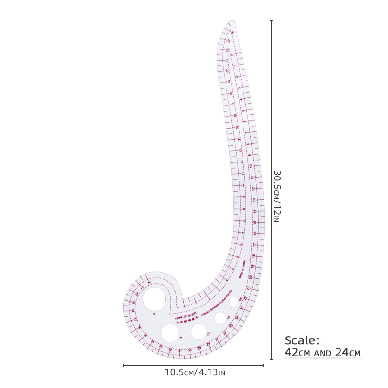 Regla curva francesa de 42 cm, escala interior de 24 cm y plástico de 1 mm de espesor, escala dual para coser, sastrería, manualidades
