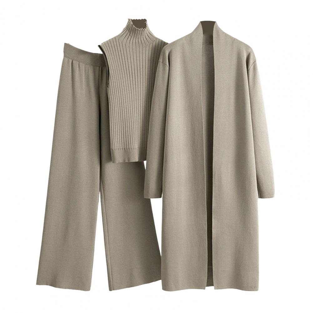 Conjunto de 3 unidades de suéter para mujer, abrigo, chaleco, pantalones tejidos con cuello de tortuga, suéter sin mangas, cárdigan de longitud media, conjunto de dos piezas para Otoño e Invierno