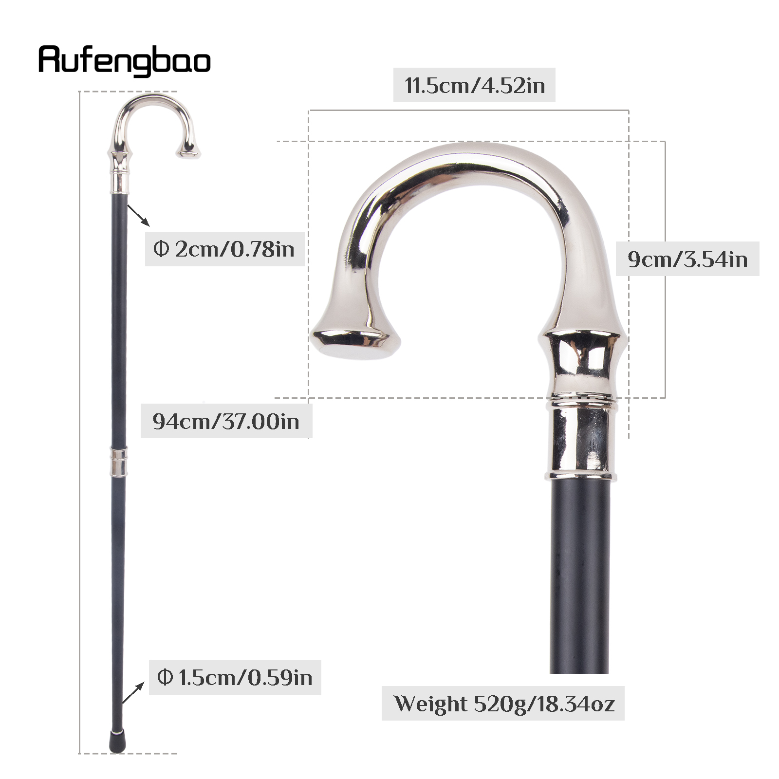 Elegante Branco U Hanger Walking Cane, bengala decorativa de moda, Gentleman Cosplay Knob, 94cm