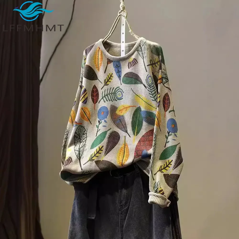 Winter Herbst Vintage Print frauen Korea Mode Langarm Pullover Pullover Weibliche Gute Qualität Weiche Beiläufige Lose Strickwaren Tops