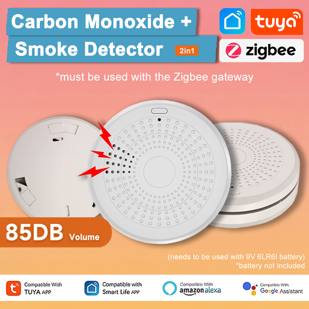 Tuya Zigbee versión 2 en 1 detector inteligente de monóxido de carbono y humo, alarma de fuga de gas para el hogar inteligente