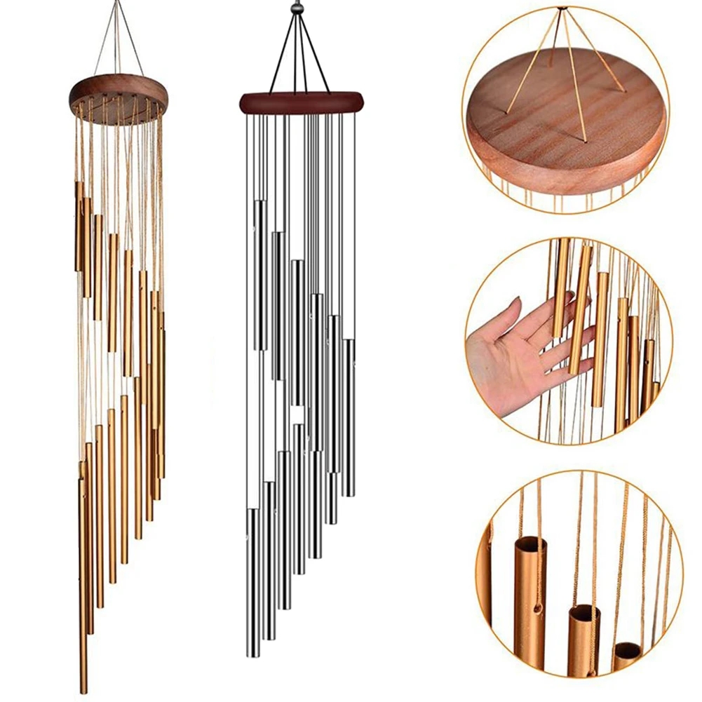 Campanas de viento de aleación de aluminio, 12 tubos, con gancho, campanas doradas/plateadas para el exterior del hogar, regalos de decoración conmemorativa para fiesta de boda, 1 unidad