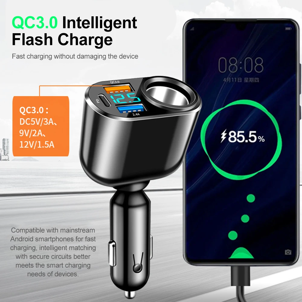 Adaptador de encendedor de cigarrillos de coche QC3.0 PD de 66W, cargador de teléfono de carga rápida USB, cargador de coche Universal de 12V-24V para iPhone, Samsung y Xiaomi