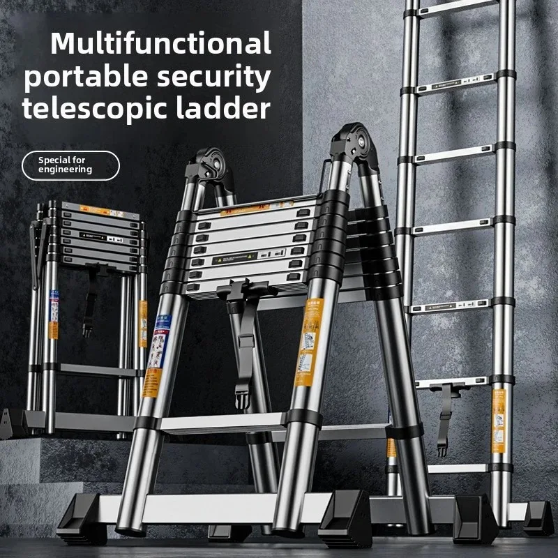 Escalera telescópica con escalón, escalera en espiga de acero inoxidable multifunción ajustable portátil, escalera recta de 2,3/2,7/3,1/3,4/4,2/5M