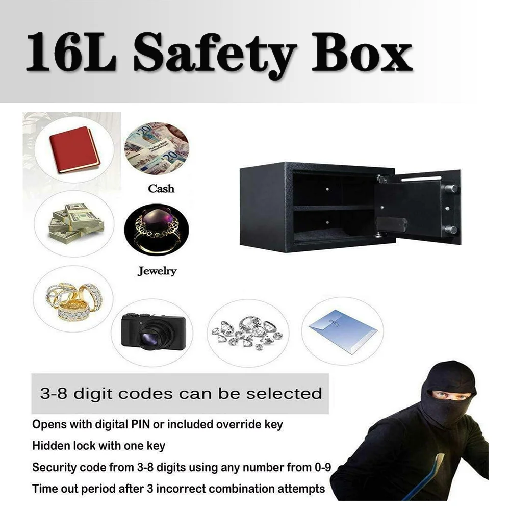 Cofre digital para casa, segurança eletrônica, Black Lock Box, 2 Override Keys, 4 Parafusos de Instalação, 16L