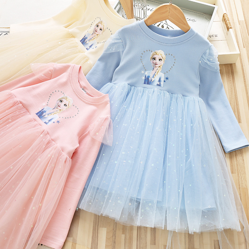 Vestido mullido de manga larga de princesa Elsa de dibujos animados de Anime, disfraz de princesa Frozen para niña, regalo de cumpleaños, ropa de fiesta para niños