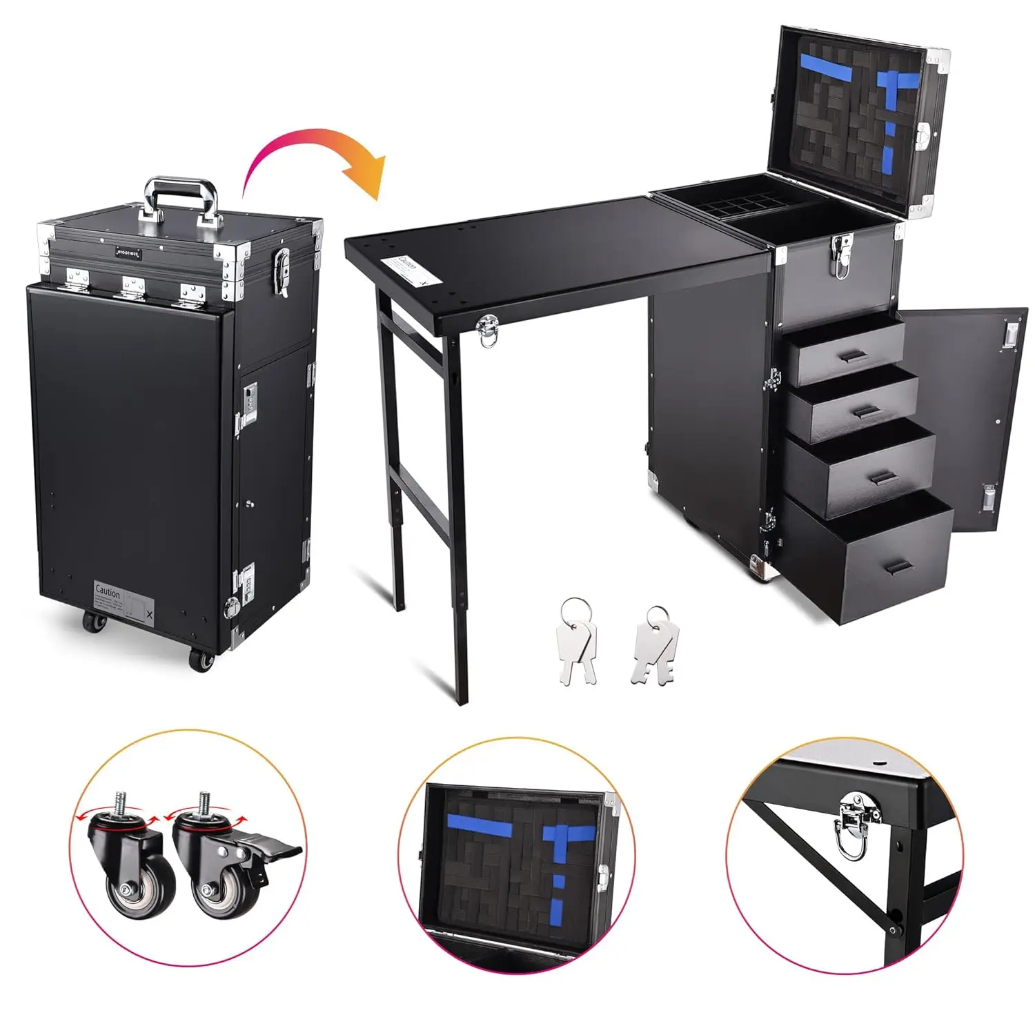 Rolling Manicure Table Foldable Nail Table Makeup Train Case Tattoo Station Portable Nail Desk Workstation with 4 Drawers Mirror