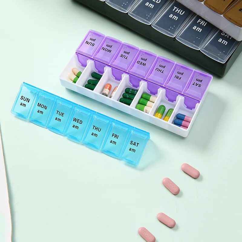 Novo semanal portátil viagem comprimidos casos caixa 7 dias organizador 14 grades comprimidos recipiente de armazenamento comprimidos vitaminas medicina óleos de peixe