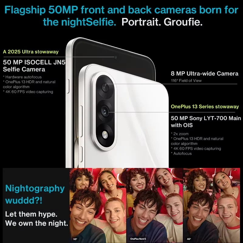 Oneplus Nord 5 Smartphone 5g Snapdragon 8S Gen 3 6,83 Zoll Amoled Display 144 Hz 5200 mAh 80 W Supervooc-Aufladung 50 MP Dual-Kameras