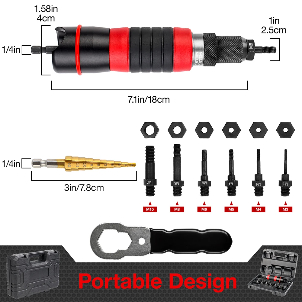 Pistolet à riveter électrique (M3 M4 M5 M6 M8 M10) pistolet à riveter sans fil domestique, outil de rivetage rapide de qualité industrielle, machine à riveter avec foret de 3 à 12 mm et boîte à outils