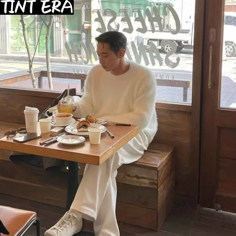 Mohair Pullover Männer Koreanische Verdicken Warme Stricken Herbst Winter Lose Beiläufige Langarm Pullover Fleece Streetwear