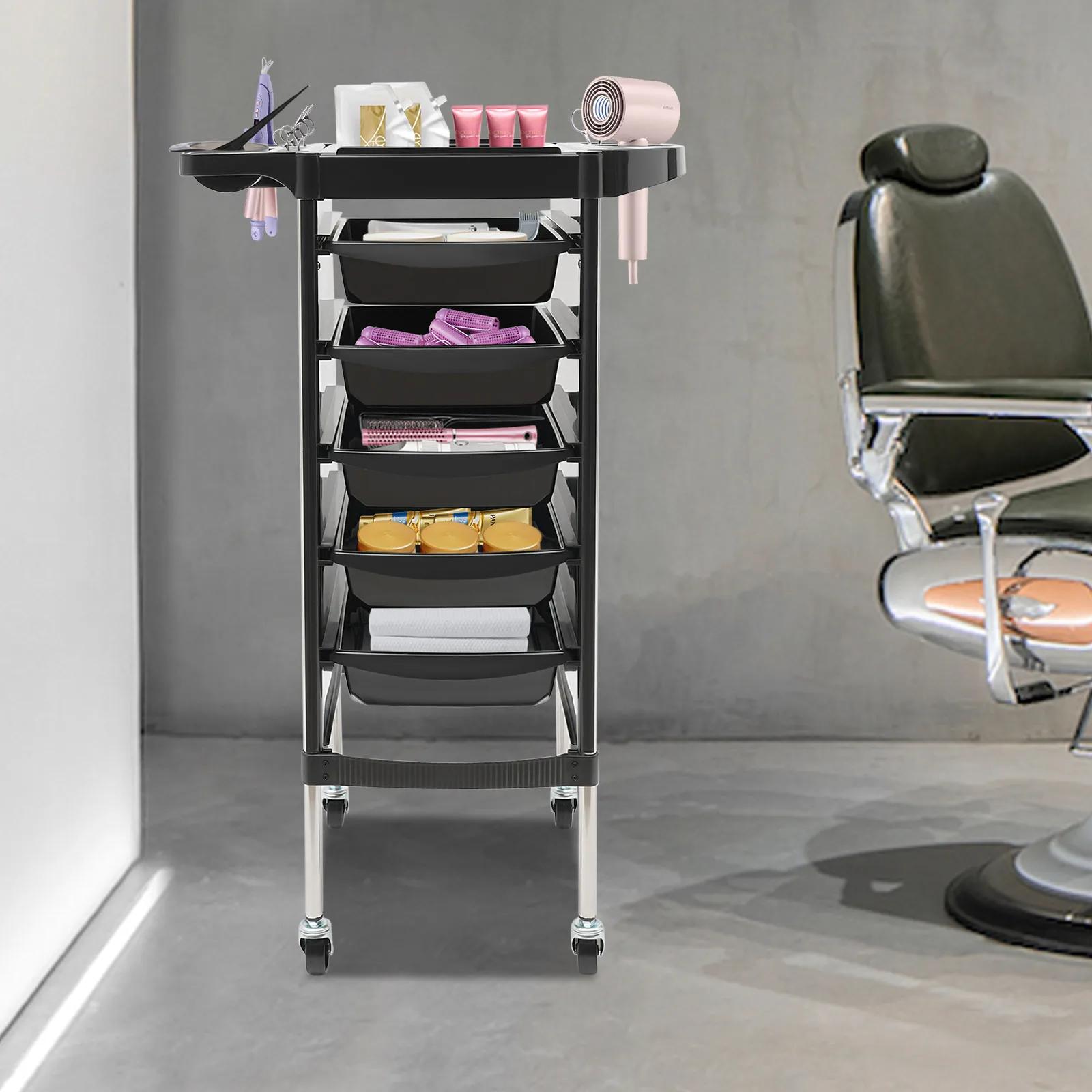 Carrello da parrucchiere multifunzionale a 6 livelli, 4 ruote, scomparti spaziali, struttura in acciaio inossidabile per strumenti da salone