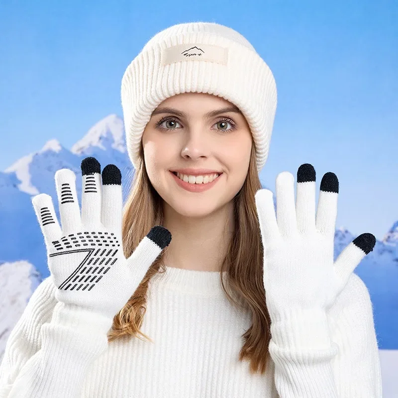 Invierno 3 unids/set gorro guantes bufanda tejido cálido guantes con pantalla táctil conjunto de gorro gorro de punto con calavera pasamontañas multifuncional
