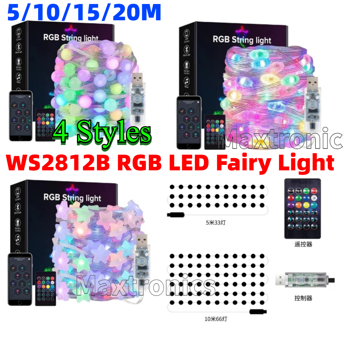 4 Stile WS2812B RGB-LED-Lichterkette, intelligente adressierbare USB-Girlanden mit Bluetooth-Fernbedienung für Zimmer, Outdoor, Weihnachtsdekoration