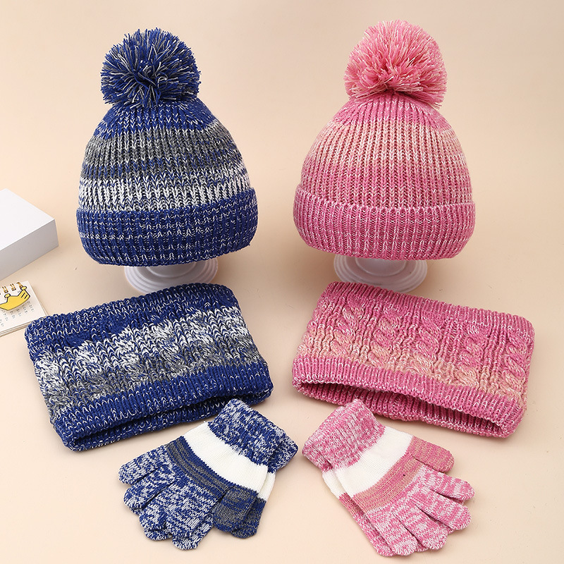 Amazon Children's Gradient Color Fleece-Lined Knitted Hat Scarf Gloves Three-Piece Set Winter Boys and Girls Warm Knit Hat