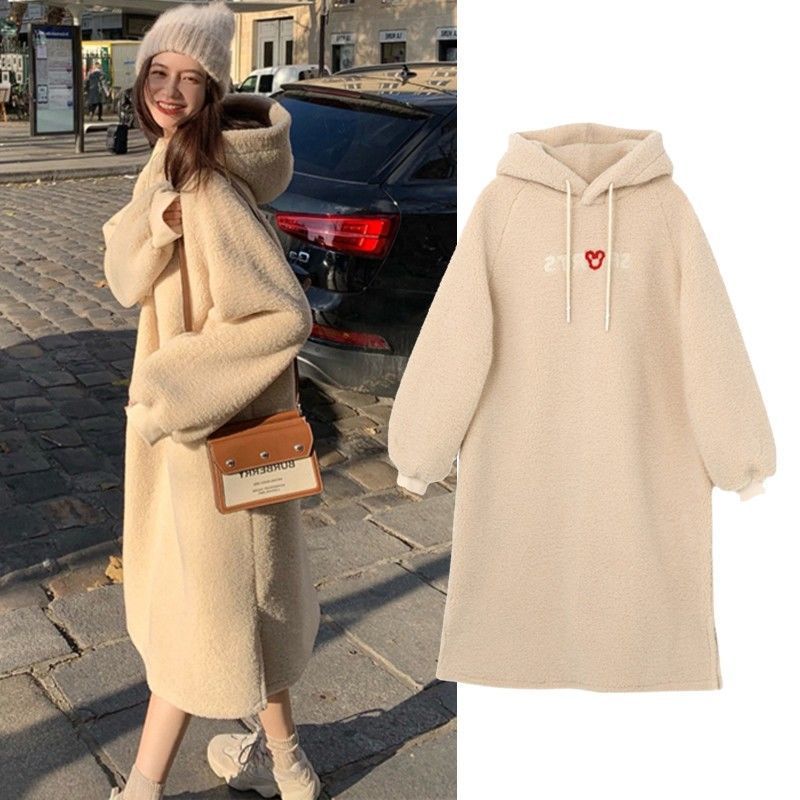 Vestido de maternidade coreano solto espessado para mulheres grávidas, imitação de pele, joelho comprido de uma peça, suéter de lã de cordeiro com capuz, quente, novo