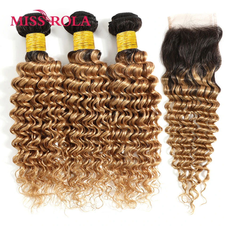 Miss Rola Hair-extensiones de cabello humano malayo, mechones de pelo Remy con ondas profundas, cierre de encaje 4x4, 99J color rubio, calidad ombré