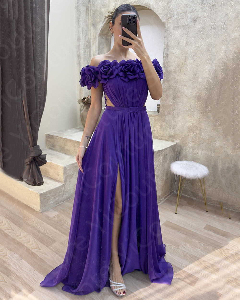 Customized Pink Evening Dresses Side Slit Prom Gowns Off Shoulder Strapless Flowers Wedding Party Dresses with Belt Sweep Train