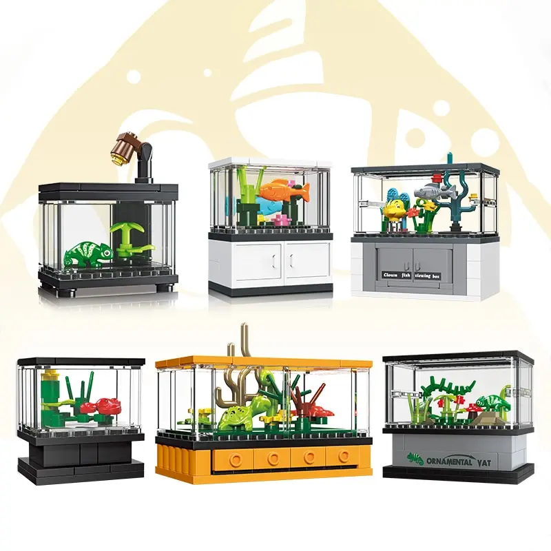 Micro Fish Tank Series Building Blocks Set Clownfish Lobster Display Box Modelo Crianças Criativo Diy Educacional Bricks Toys