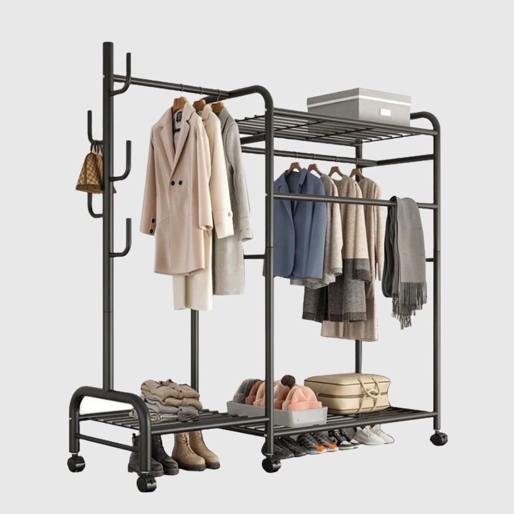 Clothes Rack Heavy Duty Coat Shelf Double-Rod Hats Clothes Rack With Hooks Hanging Clothe Organizer Floor Hangers Organizer