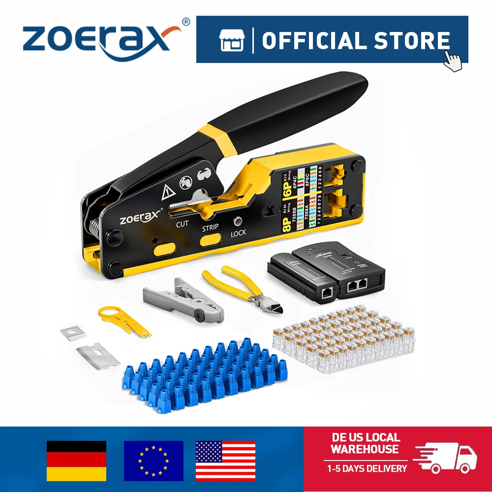 ZoeRax 8 en 1 RJ45 Cat6 Cat5e Kit de herramientas de engarzado Herramienta de engarzado RJ45, probador de cables, cortador de cables, cuchillas, 50 piezas de conectores y botas Cat6