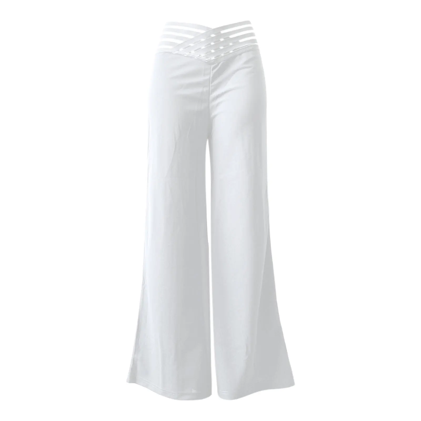 Pantalones acampanados para mujer, pantalones elegantes informales de oficina para mujer, pantalones de cintura alta para primavera y verano, pantalón de pierna ancha con parche de malla transparente entrecruzado liso