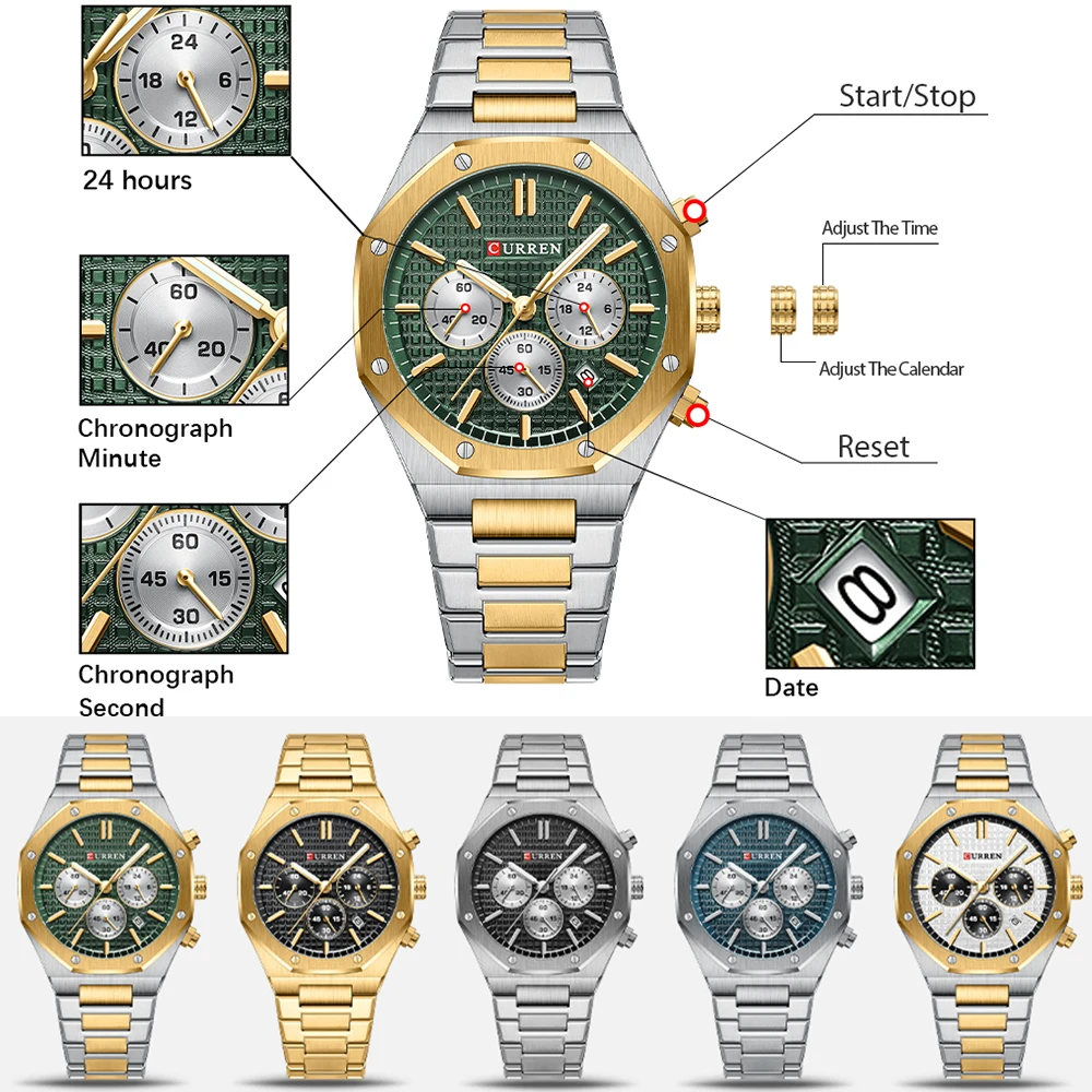 Relojes de pulsera CURREN de cuarzo con banda de acero inoxidable informal a la moda con cronógrafo relojes impermeables para hombre