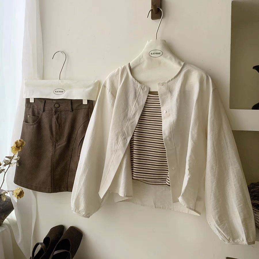 Csa Casual de Manga Longa Estilo Coreano para Mulheres, Versátil e Artística, Top de Gola Redonda, Casaco Solto para o Dia...