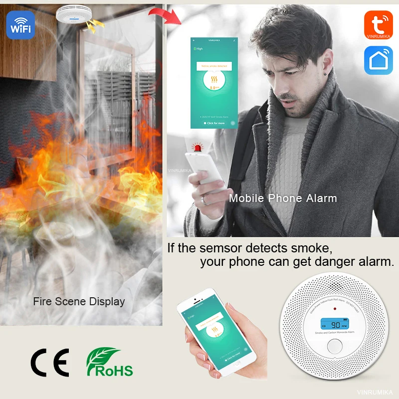 เครื่องตรวจจับควันและก๊าซคาร์บอนมอนอกไซด์ WiFi Tuya 2 in 1 รุ่นจอ LCD สำหรับบ้าน ห้องนั่งเล่น ร้านค้า พร้อมระบบเตือนไฟไหม้