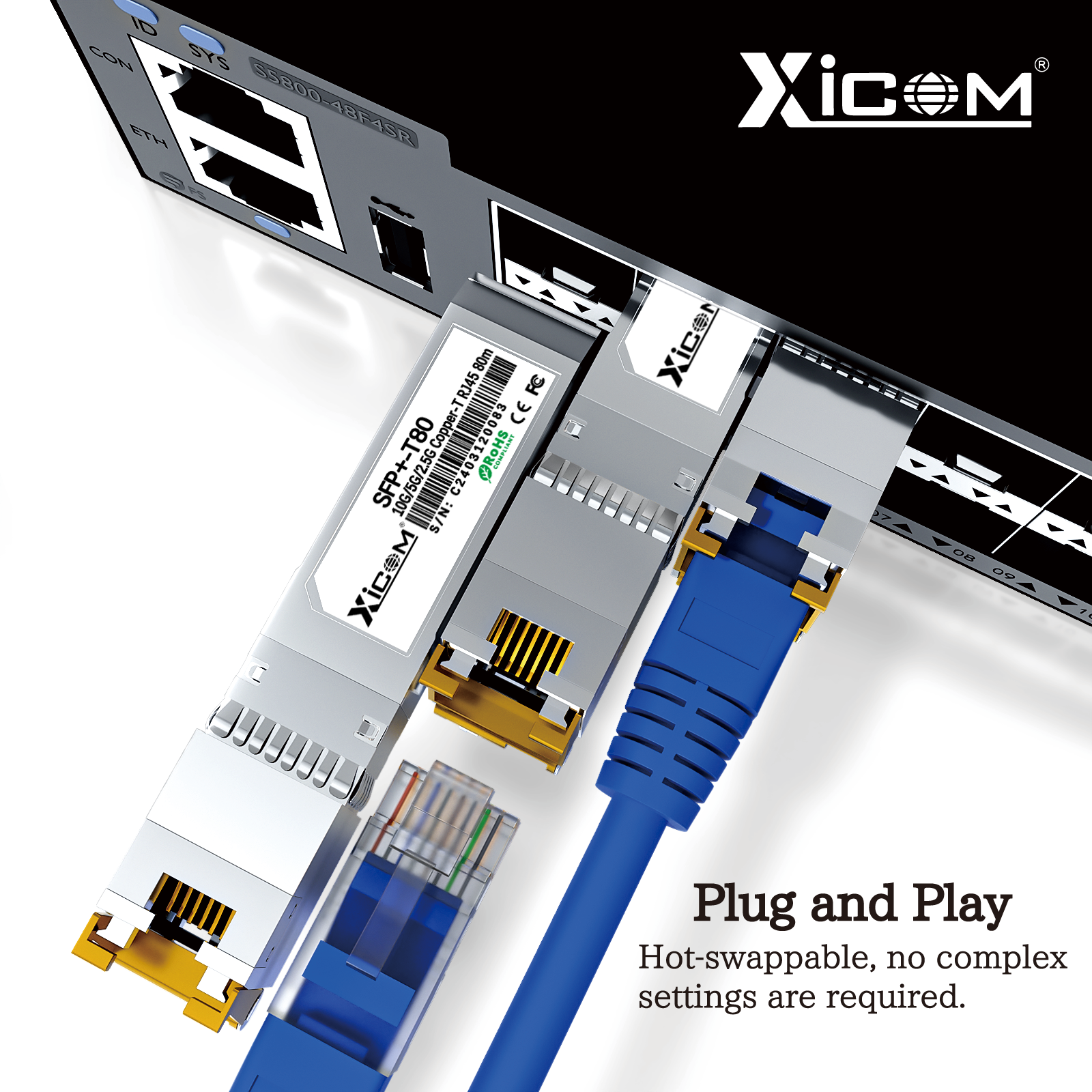 Xicom 10G SFP+ RJ45 Copper Transceiver SFP Module 80M RJ45 Port 10G/5G/2.5G Compatible with Cisco/Mikrotik Ethernet Fiber Switch