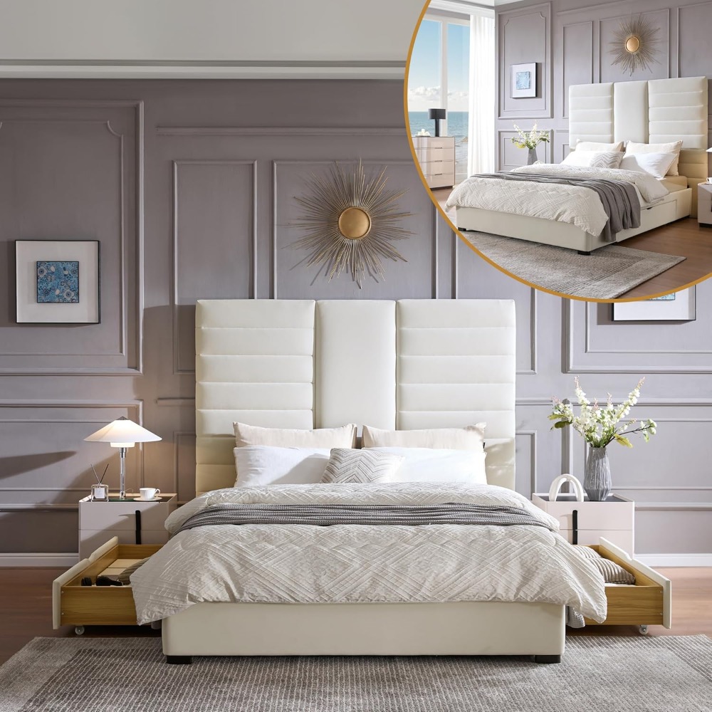 Queen Size Upholstered Bed Frame with Hidden Storage Drawers, Velvet Fabric, Modern Tufted Headboard, Heavy Duty Metal Frame, Ea