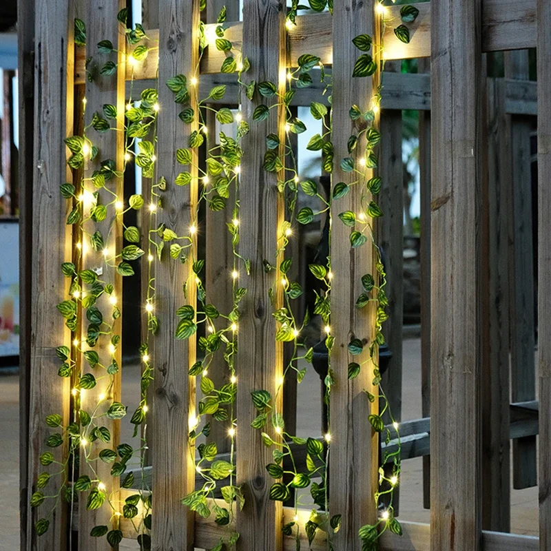 ผ้าไหมปลอมสีเขียวใบ Ivy Vine พร้อมไฟ LED String สําหรับตกแต่งห้องนอนหน้าแรกงานแต่งงานเรืองแสงประดิษฐ์พืช Garland Decor