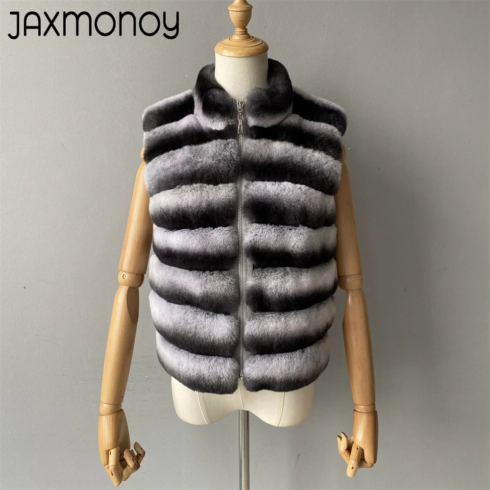 Jaxmonoy natürlichen Kaninchen Pelzmantel für Frauen Winter echte Rex Kaninchen Fell Weste Damenmode Patchwork Woll mischung Weste fallen