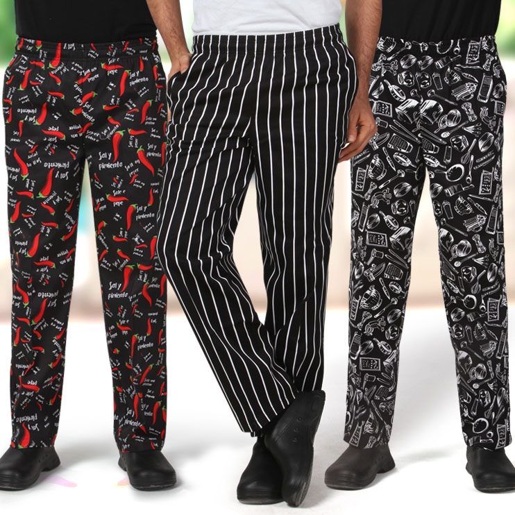 U nisexแฟชั่นเอวยางยืดออกแบบกางเกงเชฟพริกช้อนส้อมเครื่องครัวแบบร้านอาหารโรงอาหารเชฟกางเกงทํางาน