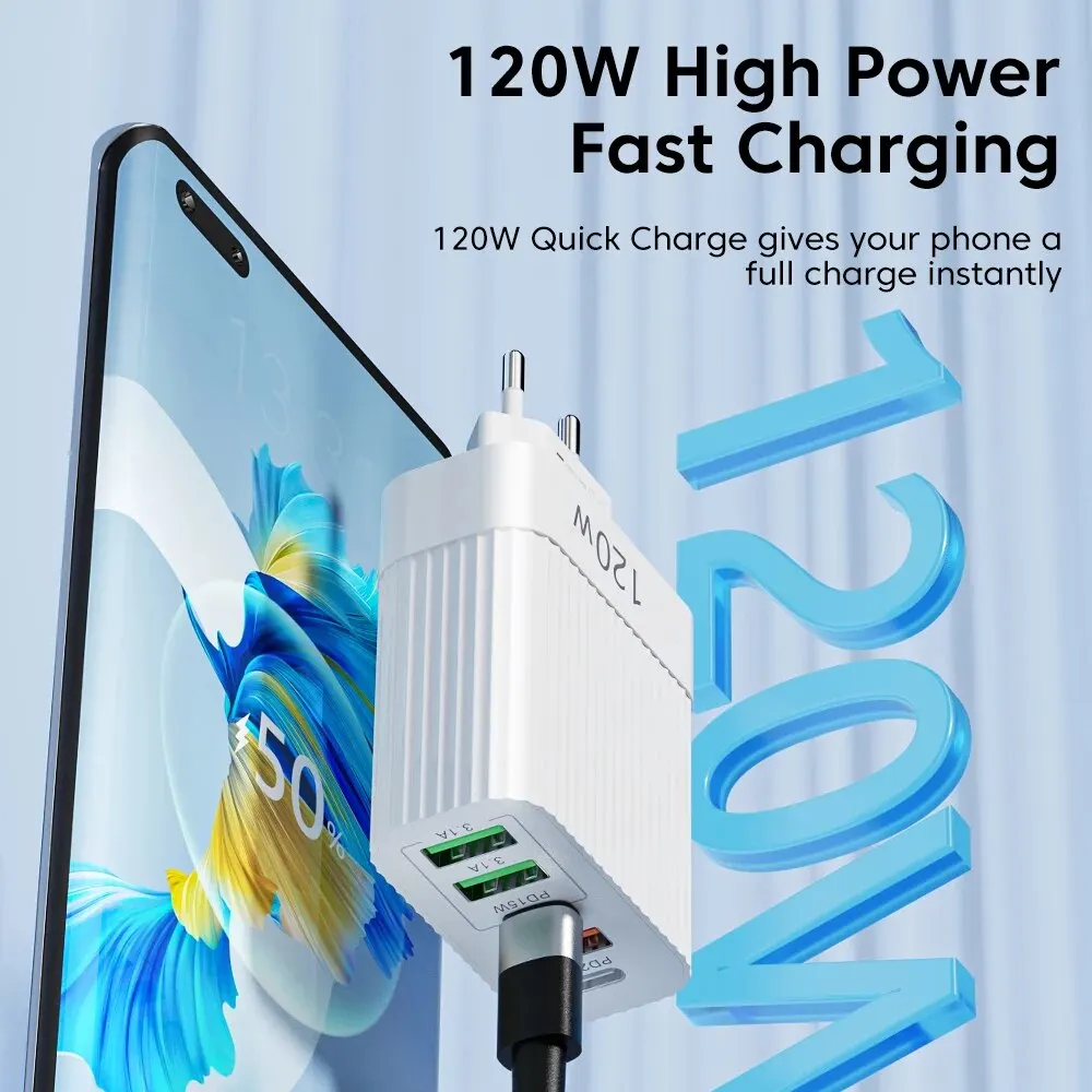 5 포트 USB 충전기 빠른 충전 빠른 충전기 3.0 iPhone 15 용 유형 C 휴대 전화 어댑터 Samsung Xiaomi 벽 충전기