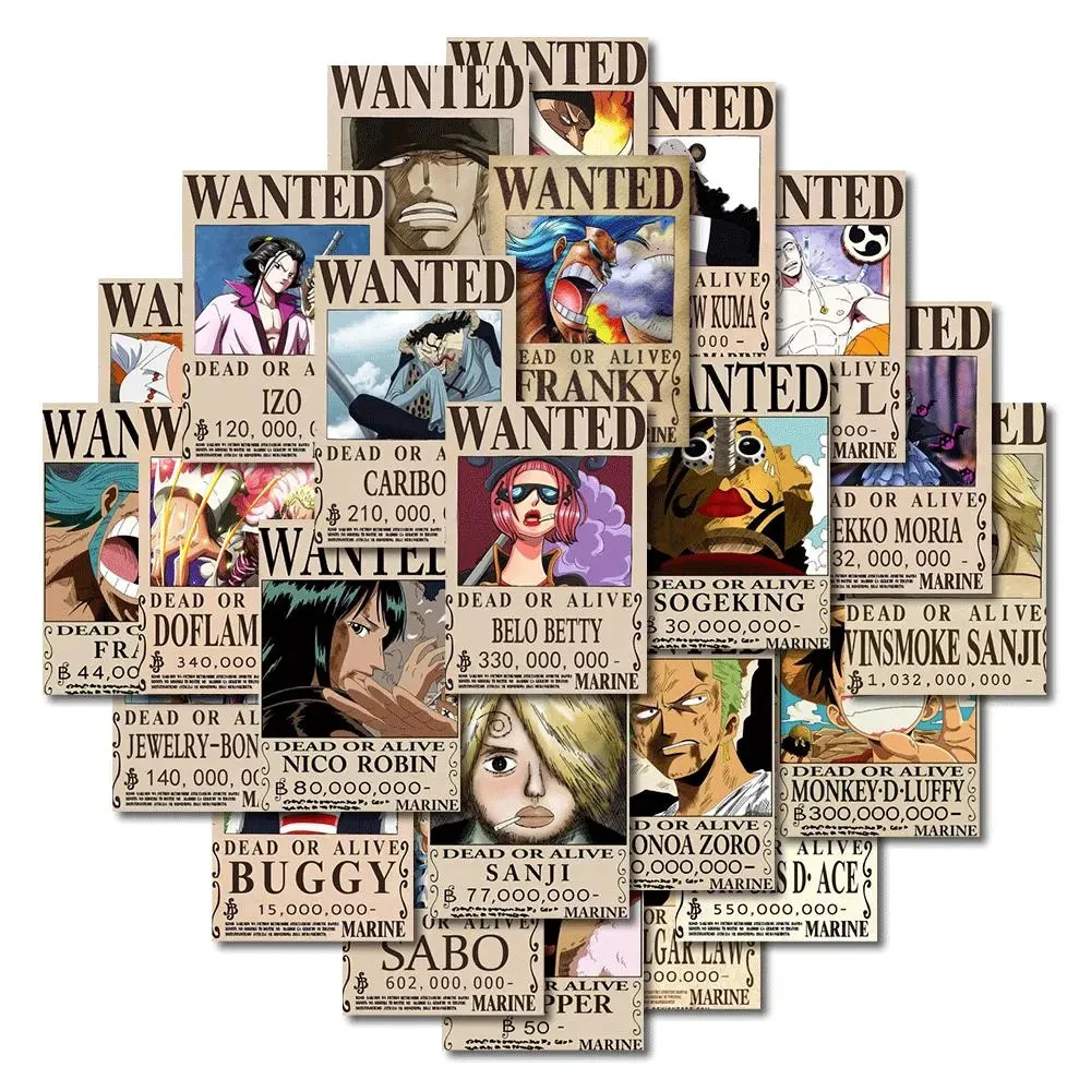 10/30/56 Uds. Pegatinas de carteles de Anime de una pieza Wanted, calcomanías de dibujos animados, decoración fresca para ordenador portátil, pegatina impermeable de pared para juguetes para niños