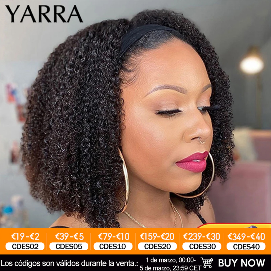 Pelucas de diadema de cabello humano rizado Afro para mujeres negras, cabello humano de 180% de densidad, cabello brasileño Remy completamente hecho a máquina YARRA