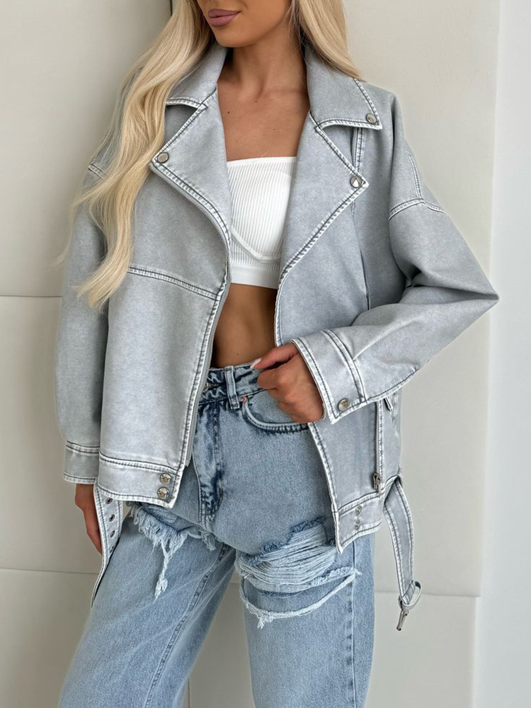 Ailegogo-ジッパーベルト付きの女性用合成皮革ジャケット,ヴィンテージスタイルのバイカーコート,レトロなブルーのストリートウェア,女性のアウター,春と秋