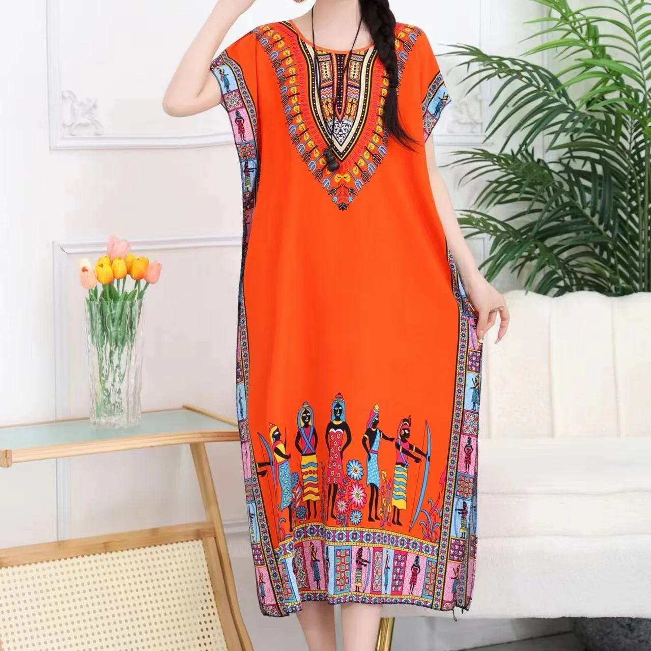 Casual elegante boêmio impresso estilo étnico retro floral mulher verão street wear batwing manga solta túnica vestido de maternidade