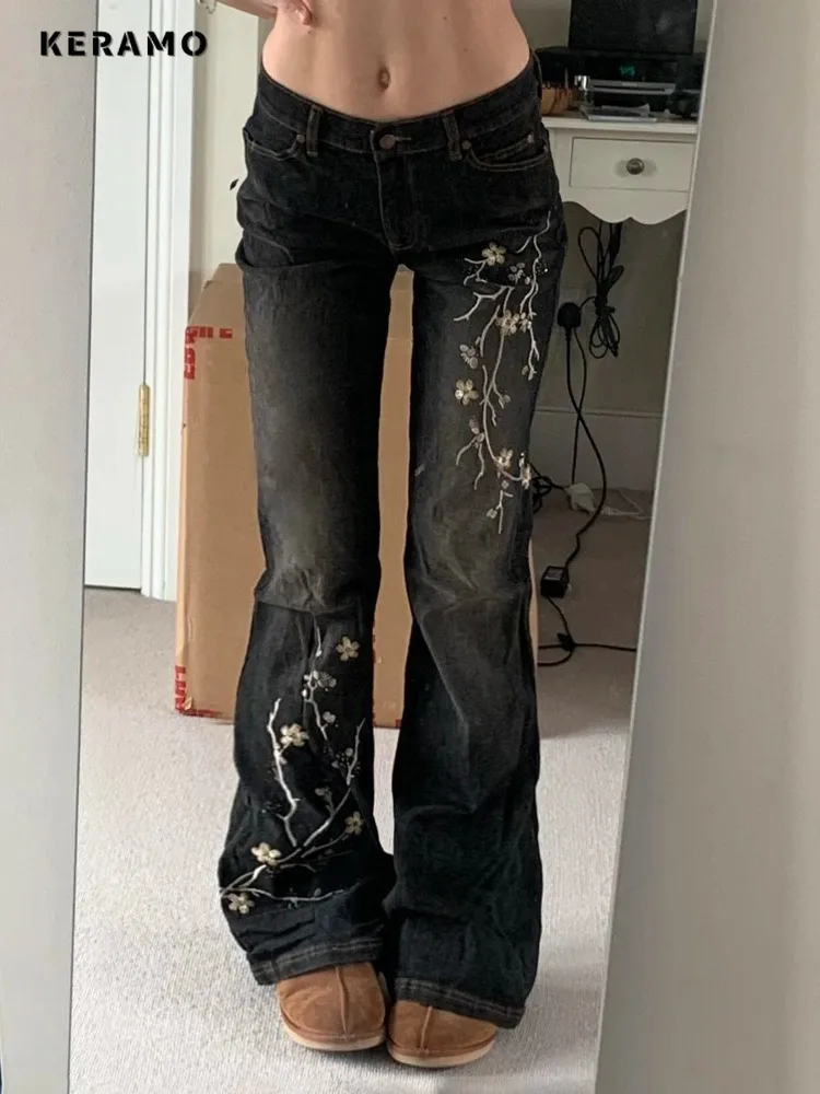 Weekeep Floral Embroidery Jeans Vintage 2000s Low Rise Flared Jeans Women Retro y2k Baggy Denim Pants High Street Basic Trousers