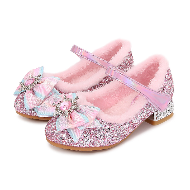 Disney Elsa Mädchen High Heel Schleife Blau Rosa Mode Kinder Mädchen Kristall Prinzessin Warme Winterschuhe Geschenk Größe 23-36