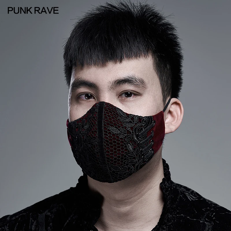 PUNK RAVE Damen Herren Sowohl Wunderschöner Gothic-Stil Edler Schuss Samt Spitze Nähte Maske Schwarz & Rot Club Modeaccessoires