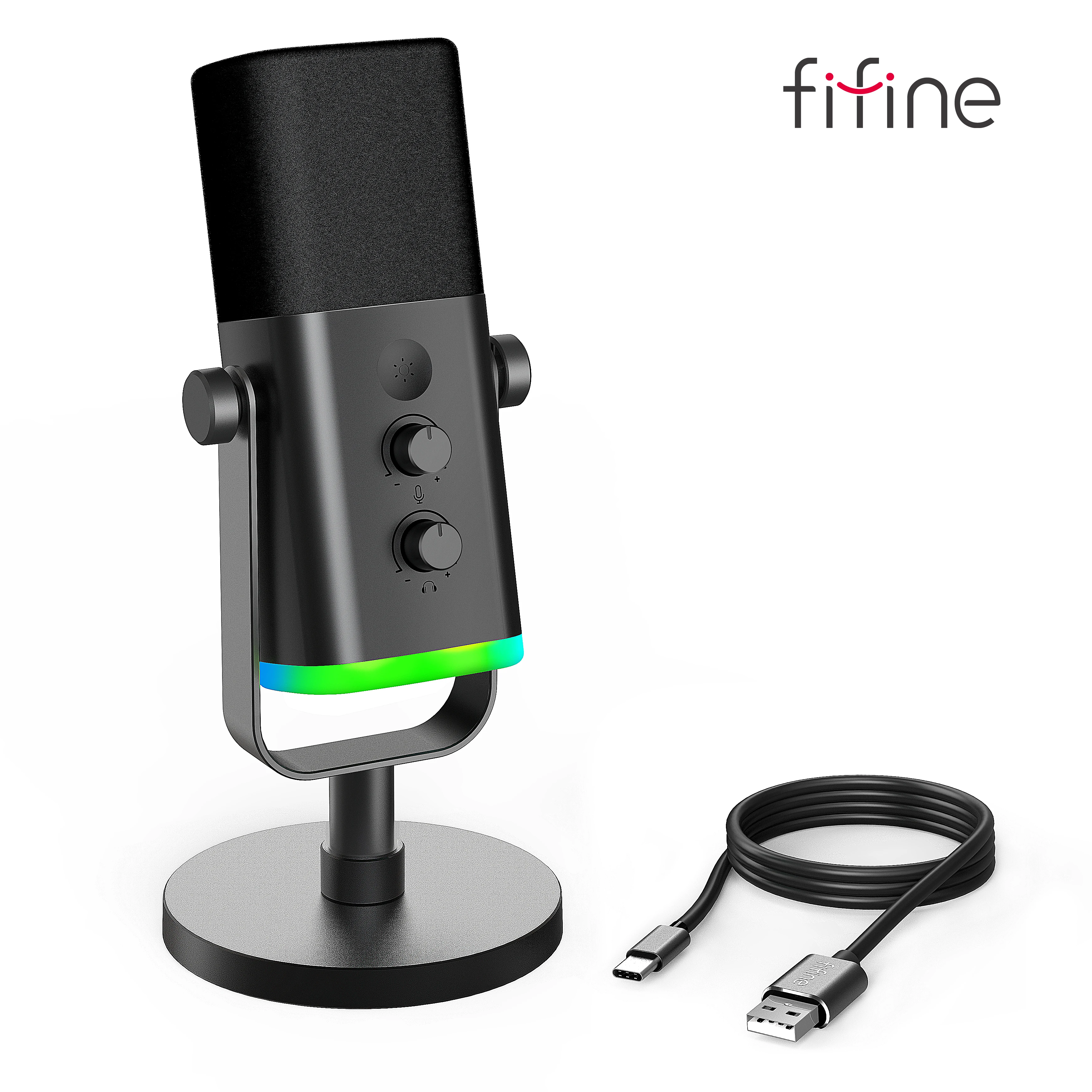 Fifine microfone dinâmico usb/xlr com controle rgb/jack de fone de ouvido/mudo, microfone para gravação de jogos de pc streaming AmpliGame-AM8